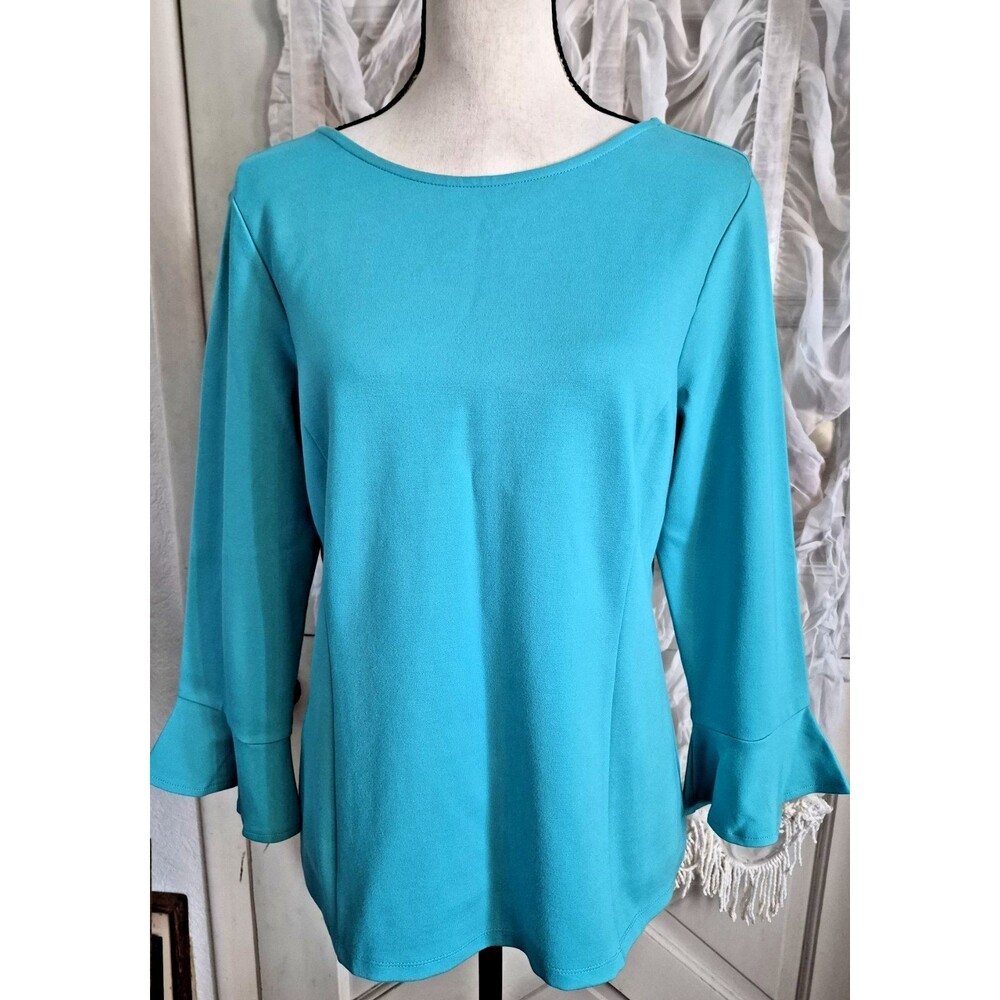 New Talbots Blouse Top Flare Raffle 3/4 sleeve Turquoise Blue Women Size M